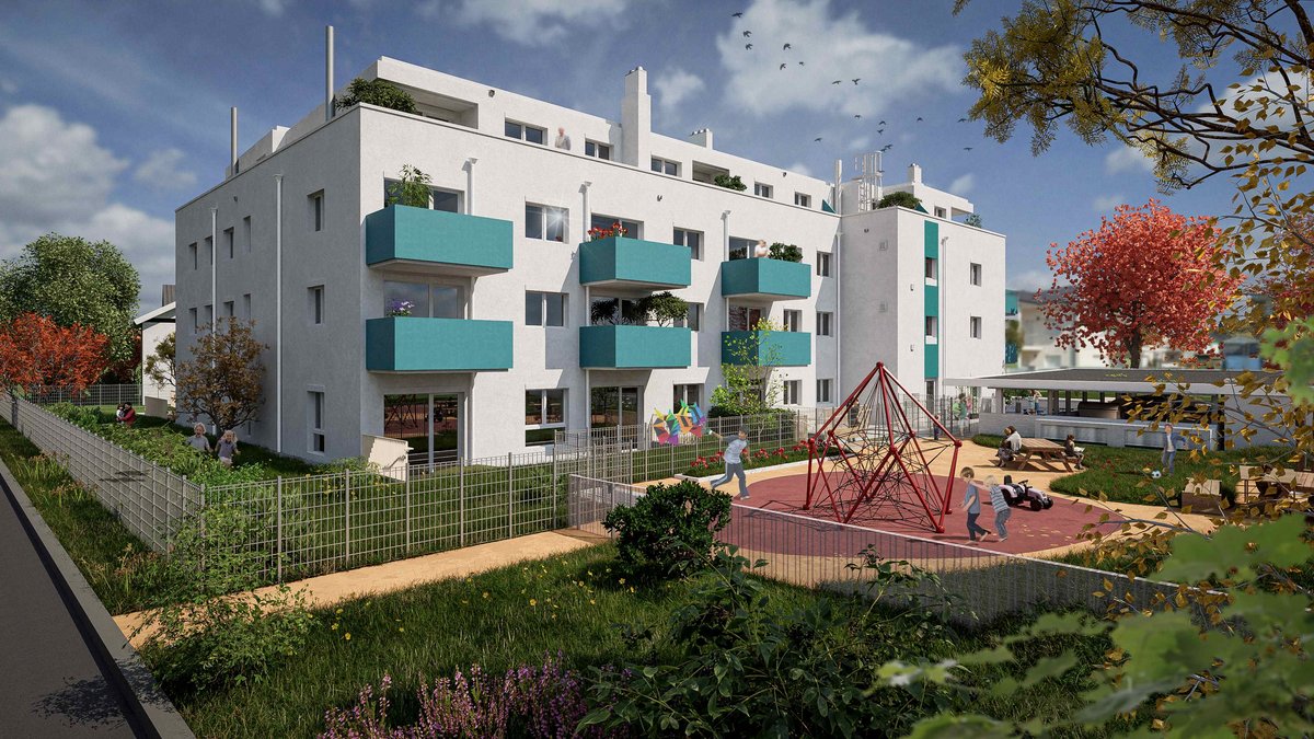 Visualisierung Groß-Enzersdorf Auf dem Bild sieht man das visualisierte Gebäude vom Hof. Im Vordergrund befinden sich Bäume, eine grüne Wiese und ein Kinderspielplatz. Im Hintergrund sieht man das Wohnhaus mit Balkonen in der Farbe Petrol.